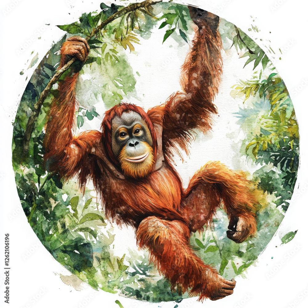 Obraz premium Orangutan hangs playfully, surrounded by lush foliage, happy in its habitat