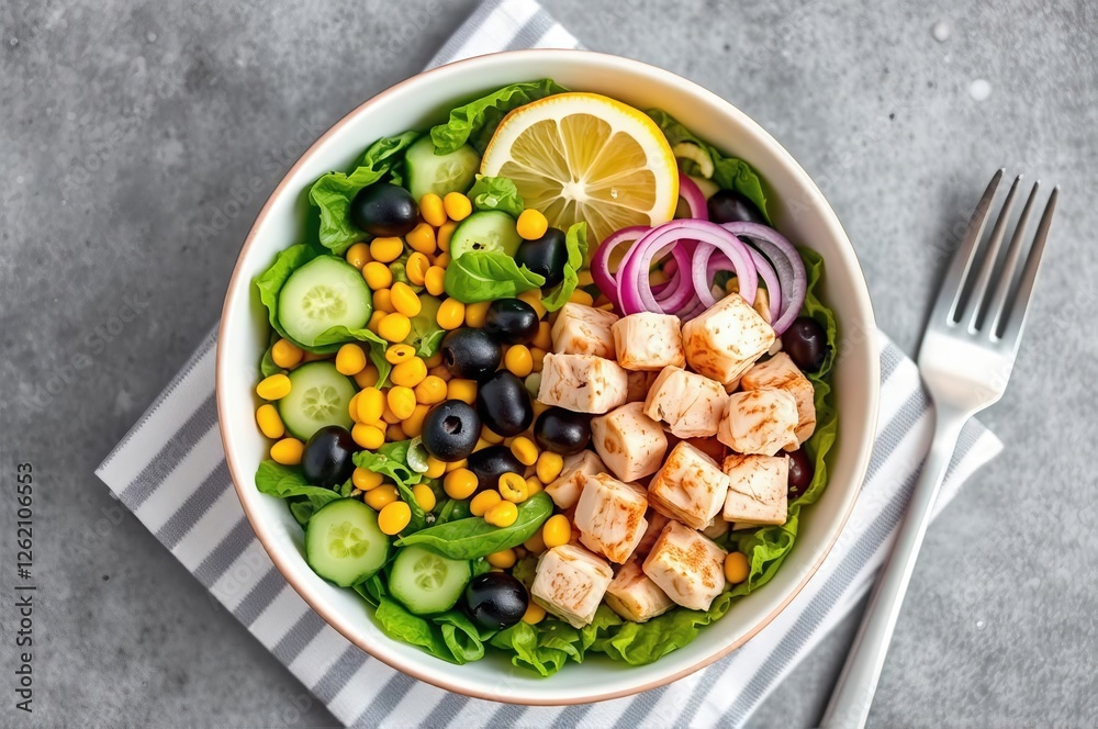 Fresh Tuna Salad with Mixed Greens, Black Olives, and Lemon Garnish on a Textured Surface Fresh Tuna Salad with Mixed Greens, Black Olives, and Lemon Garnish on a Textured Surface