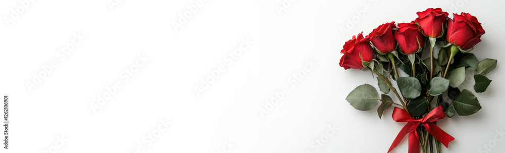 Greeting background with Bouquet of fresh red roses a white background . Festive banner for birthday, Mother's day, Women's day, March 8,Easter, anniversary. Flat lay. Top view. Copy space. Mock up Greeting background with Bouquet of fresh red roses a white background . Festive banner for birthday, Mother's day, Women's day, March 8,Easter, anniversary. Flat lay. Top view. Copy space. Mock up