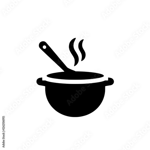 Soup Icon: A simple, minimalist icon depicting a steaming pot of soup with a wooden spoon. This vector graphic is perfect for culinary websites, menus, food blogs, and recipe apps.