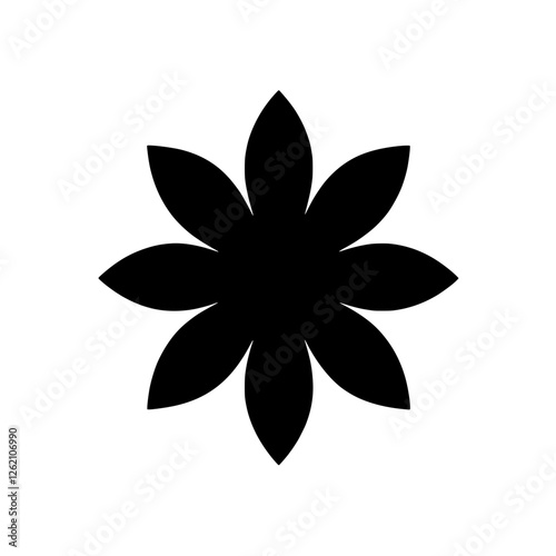 Simple Flower Icon: A minimalist black flower icon with eight petals, perfect for use in web design, mobile apps, or branding.  