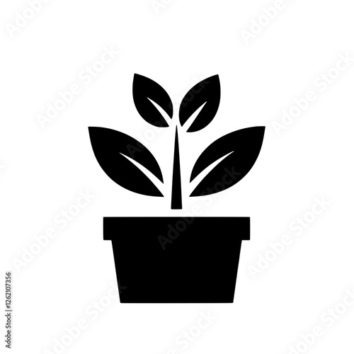 Plant in Pot Icon: Simple black silhouette icon of a plant growing in a pot, representing growth, nature, and new beginnings. Perfect for websites, apps, and presentations.  