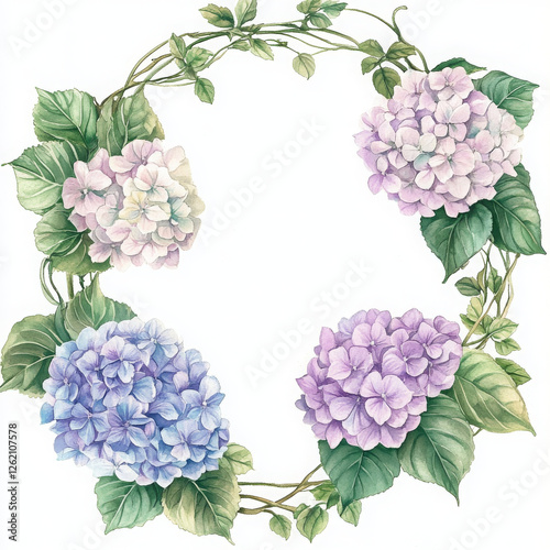 Watercolor Hydrangea floral wreath exudes gentle, dreamy allure