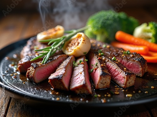 Juicy Sliced Steak with Roasted Garlic and Vegetables on a Hot Plate photo