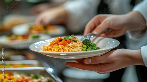 Close-up food photography fresh pasta and veggies in an buffet restaurant kitchen