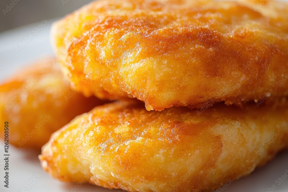 Golden crispy hash browns stacked close-up Golden crispy hash browns stacked close-up