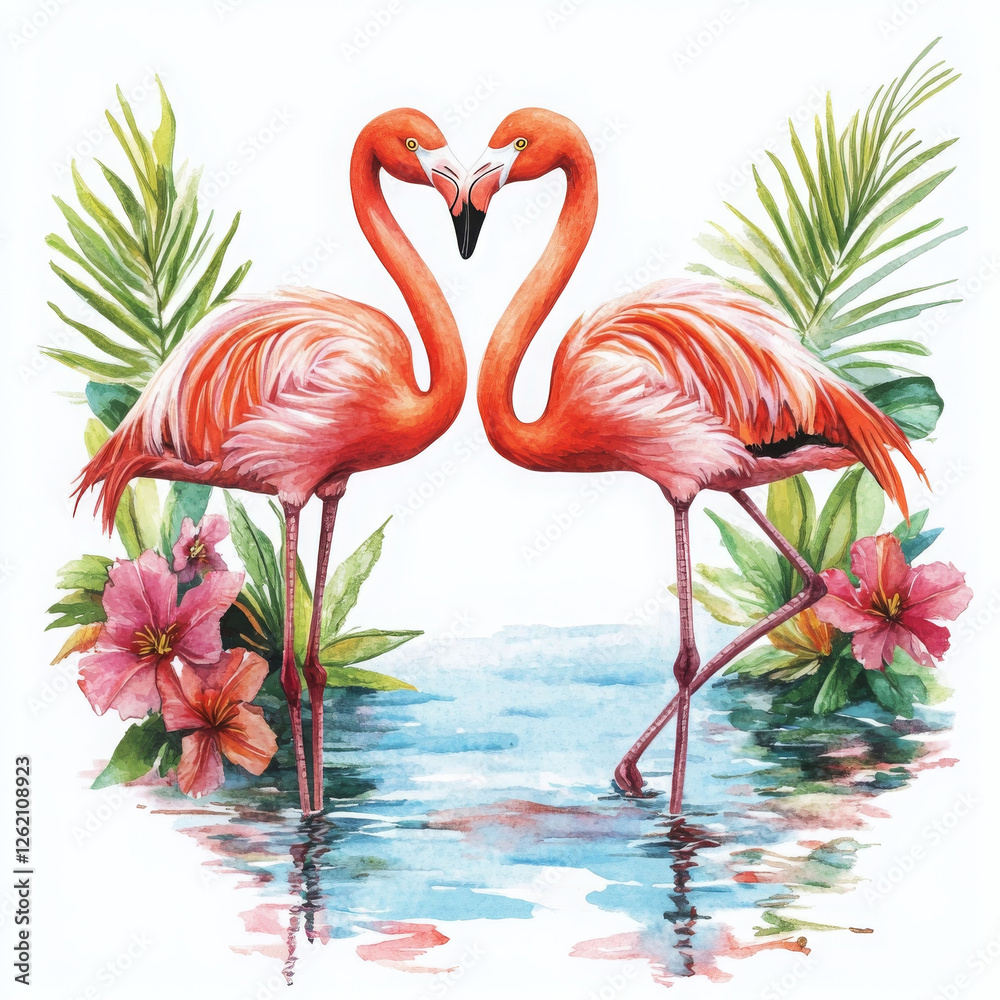 Fototapeta premium Illustration with flamingos forming heart feels romantic