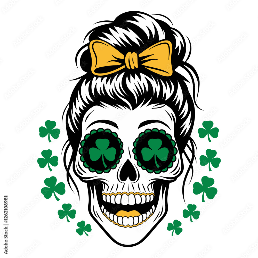 Fototapeta premium St. Patrick's Day Sugar Skull Woman with Messy Bun