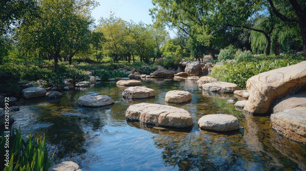 A traditional Japanese garden with a tranquil pond surrounded by lush greenery and carefully placed rocks. The still water reflects the beauty of the landscape. Generative AI. A traditional Japanese garden with a tranquil pond surrounded by lush greenery and carefully placed rocks. The still water reflects the beauty of the landscape. Generative AI.