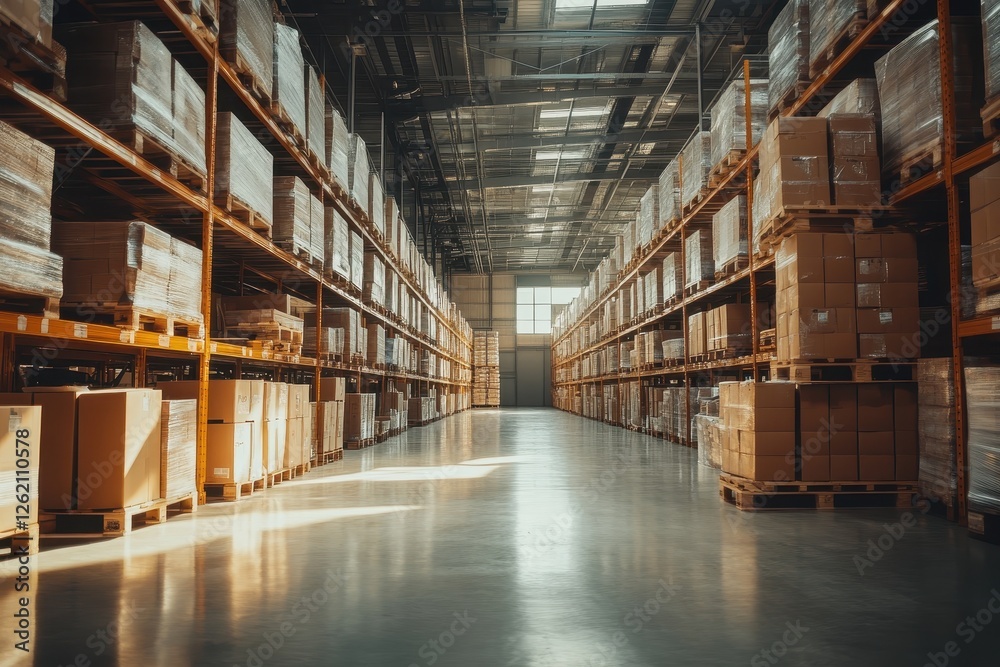 Fototapeta premium Warehouse with Stacked Boxes Lit by Natural Light