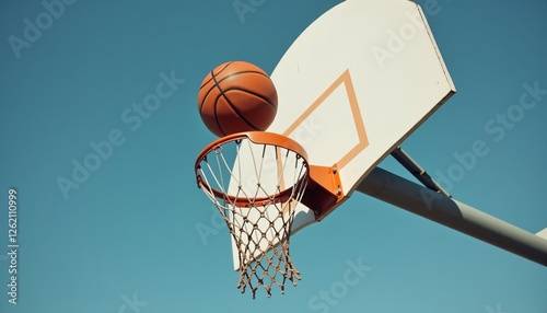 Basketball resting on hoop with white backboard against blue sky