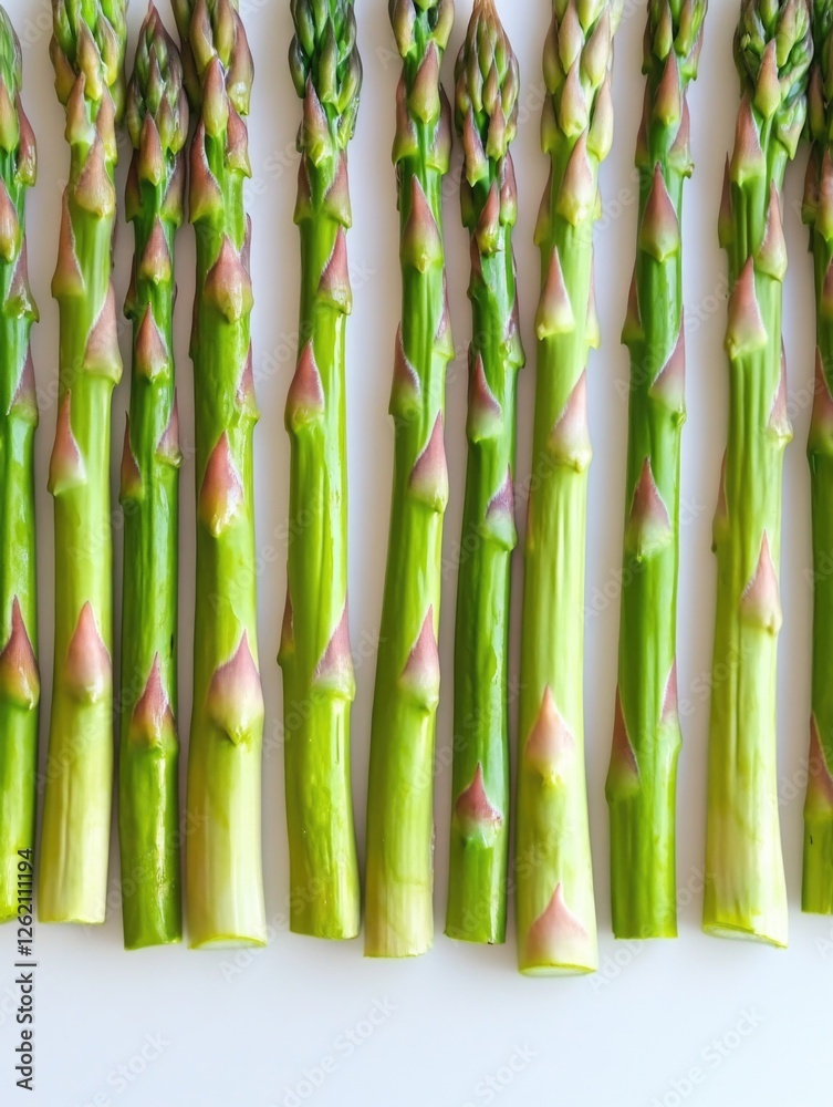 Fototapeta premium A row of fresh, vibrant green asparagus stems on a clean white surface, ready to be prepared in your kitchen.