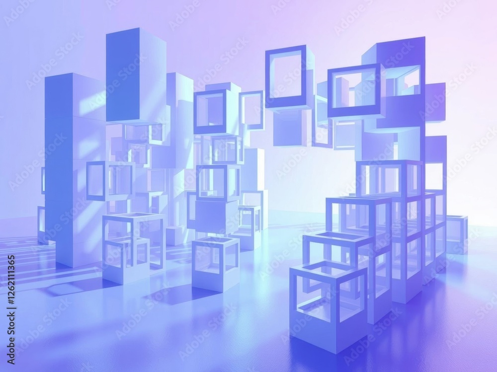 Fototapeta premium Abstract 3D rendering of geometric shapes in pastel blue