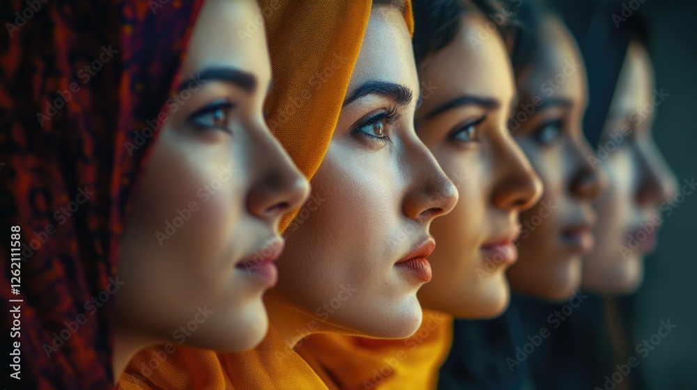 Obraz premium A collage of several women's close-up faces, wearing different multicolored scarves, representing diversity and unity.