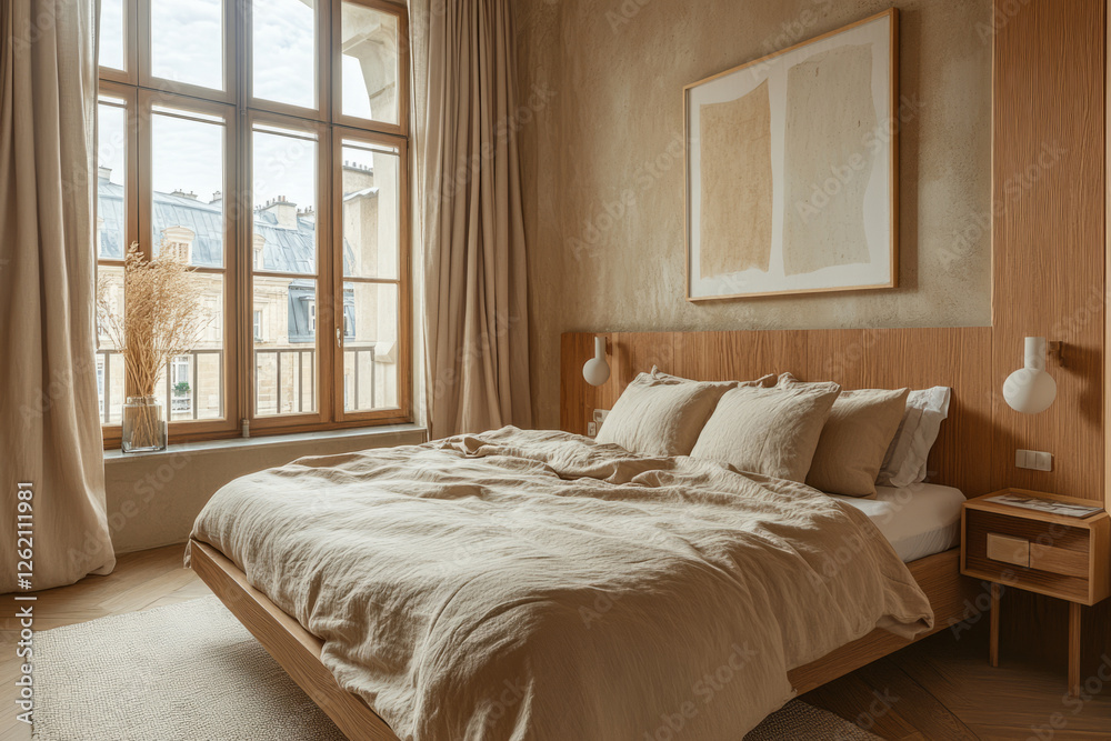 Fototapeta premium Warm minimalist bedroom with natural light