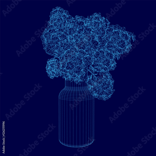 A vase filled with flowers is shown in a blue background. The flowers are arranged in a way that makes them look like they are floating in the air. The vase is placed on a table