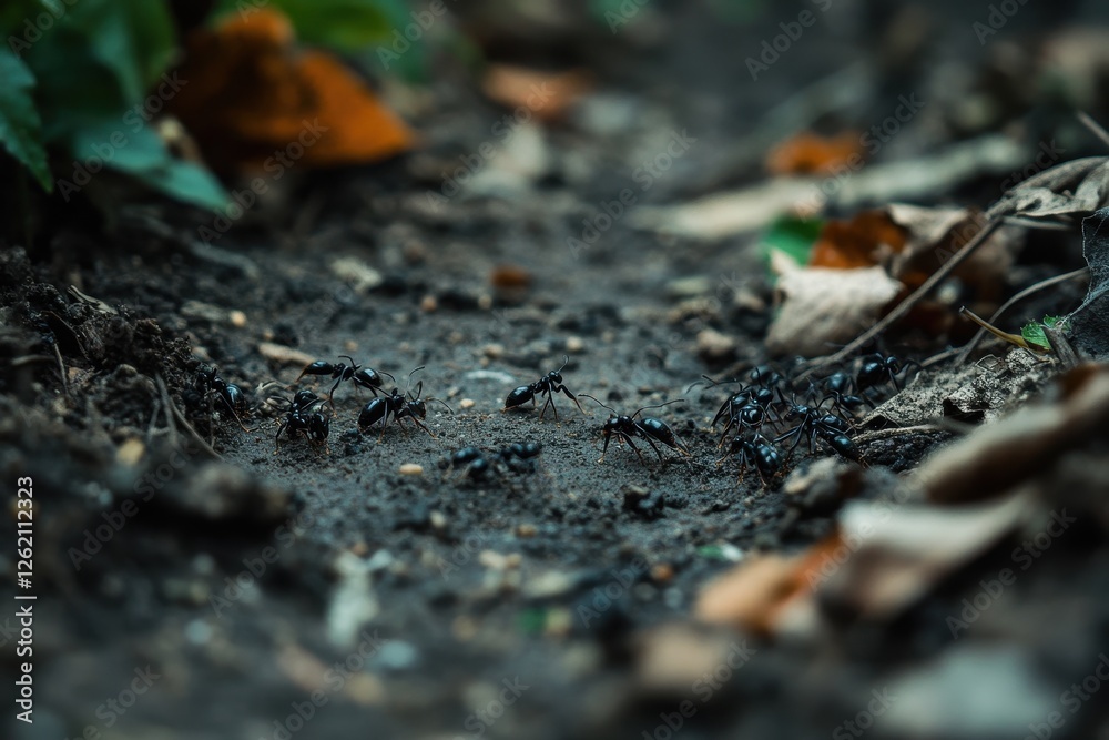Black ant colony foraging on soil among autumn leaves in a forest setting, Black Ant colony walking on the ground Black ant colony foraging on soil among autumn leaves in a forest setting, Black Ant colony walking on the ground
