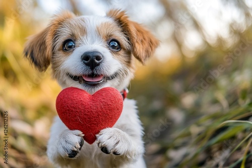 Cute petit basset griffon vendÃ©en pooch with diamond red heart on a walk in a spring garden. Digital ads animal pattern. Petit basset griffon vendÃ©en - my beloved dog, symbol of friends. photo