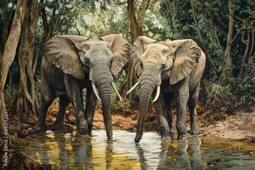 Fototapeta premium Elephants gather to drink water in a lush forest setting at a tranquil waterhole, Elephants drink water at a waterhole