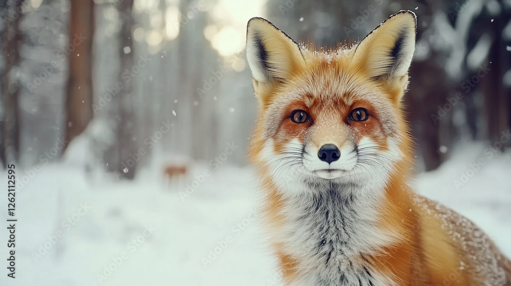 Fototapeta premium Red Fox in Snowy Forest Close-up portrait of a red fox amidst the trees in a winter forest. Its bright fur contrasts with the white snow, capturing the essence of a cold, serene wi
