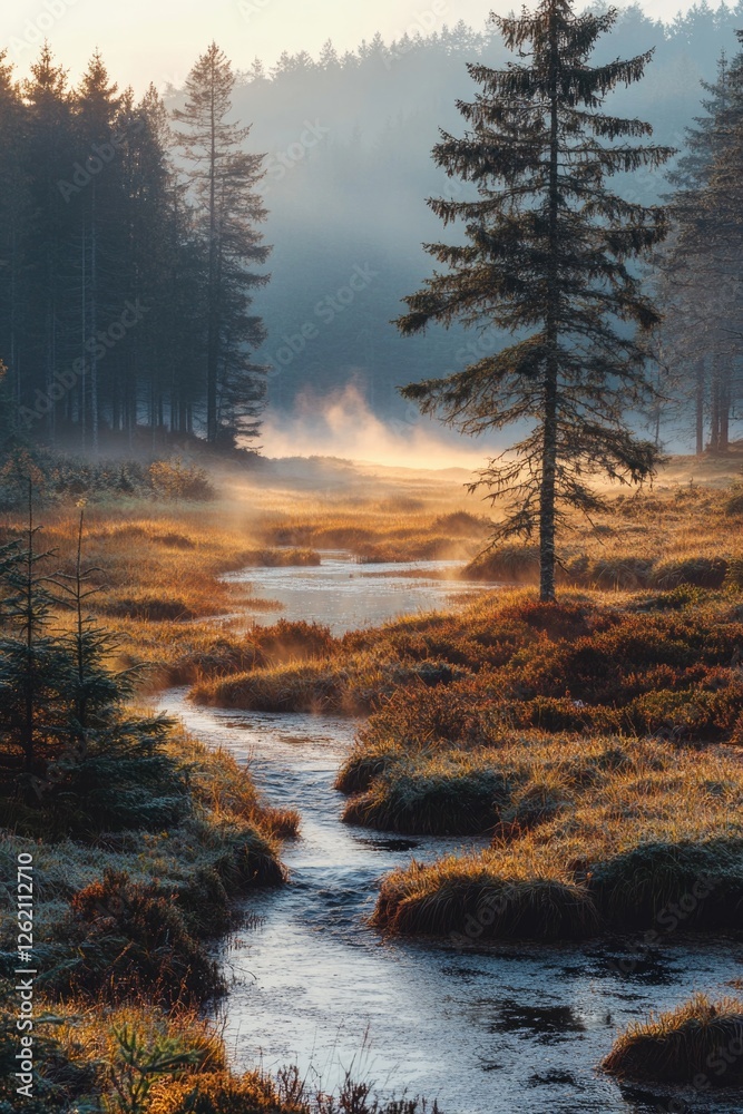 Fototapeta premium A serene autumn forest scene with a stream, mist and vibrant tree colors.