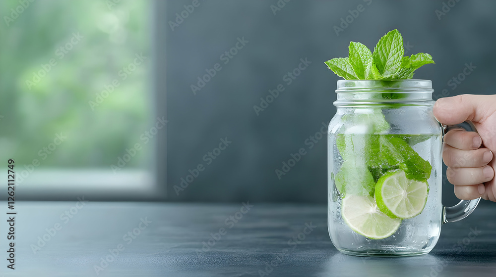 Refreshing lime mint water in mason jar, kitchen background Refreshing lime mint water in mason jar, kitchen background