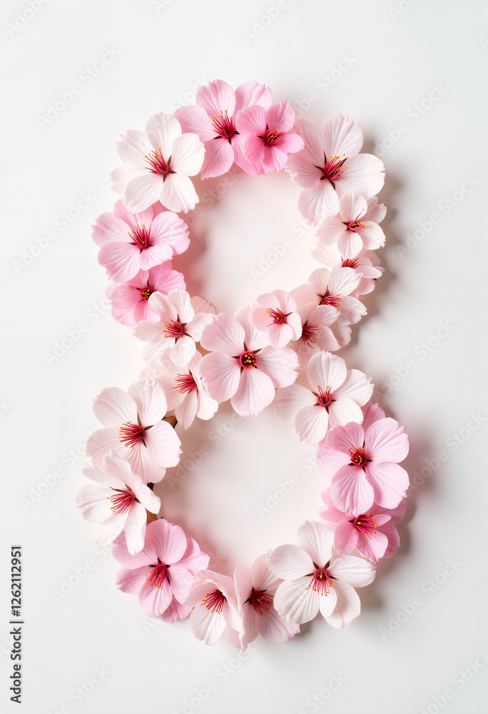 Obraz premium Number 8 made of delicate pink blossoms on white background