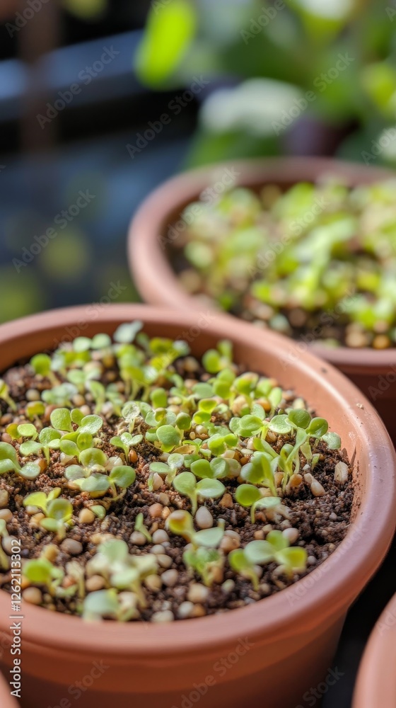 Closeup of Sprouting Seedlings in Terracotta Pots Closeup of Sprouting Seedlings in Terracotta Pots