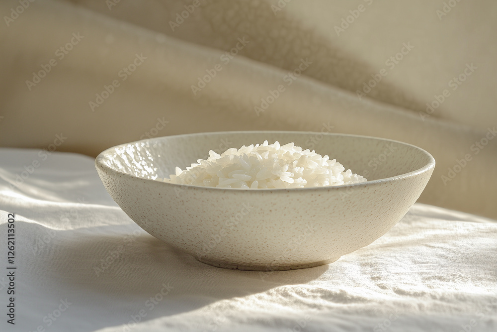 A White Ceramic Bowl Filled with Perfectly Cooked Ric.