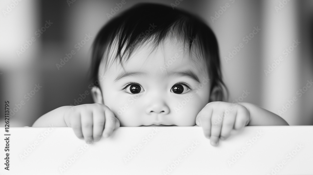 Cute Baby Standing in Her Crib at Home A heartwarming close-up of a cute baby standing in her crib, her little hands gripping the edge as she gazes around with curiosity. The innoc Cute Baby Standing in Her Crib at Home A heartwarming close-up of a cute baby standing in her crib, her little hands gripping the edge as she gazes around with curiosity. The innoc