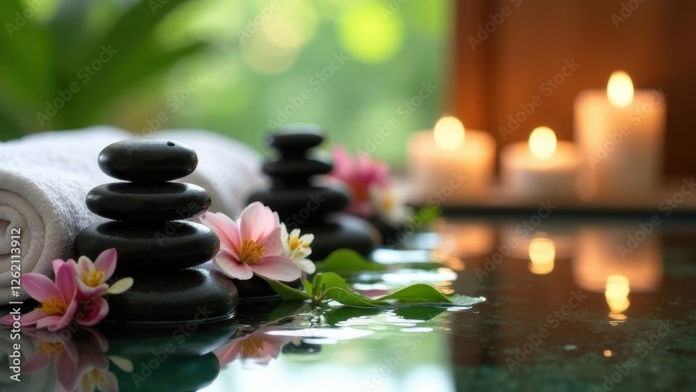 Obraz premium Spa accessories installed in a day spa hotel, health and beauty center. Spa products - towels, candles, stone massage stones, aromatic oils placed in a luxury spa, villa in Bali