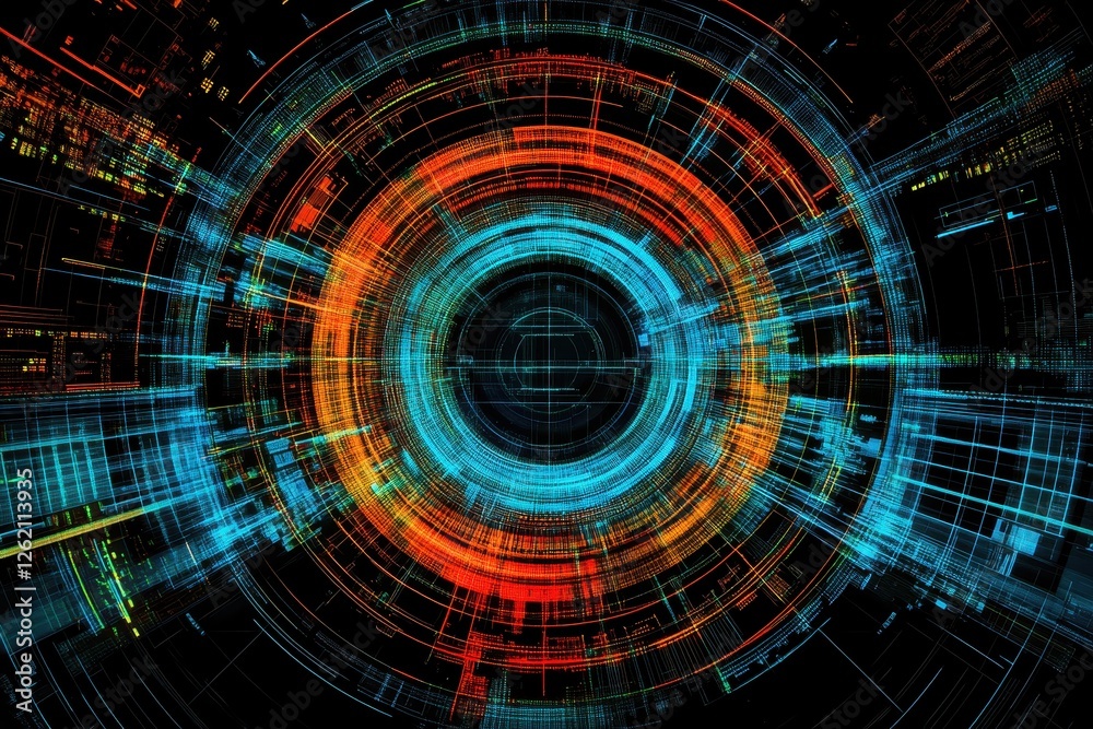 Obraz premium Scope scanning and data processing visualization over a black background showcasing dynamic patterns, scope scanning and data processing over black background