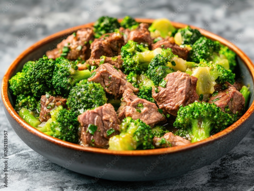 Vegetarian entree with meat, broccoli, peppers, onions, and soy sauce served in a bowl. Vegetarian entree with meat, broccoli, peppers, onions, and soy sauce served in a bowl.