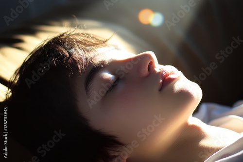 Serene young woman basking in warm sunlight photo