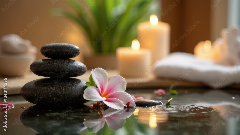 Obraz premium Spa accessories installed in a day spa hotel, health and beauty center. Spa products - towels, candles, stones for stone massage, placed in a luxury spa, villa in Bali