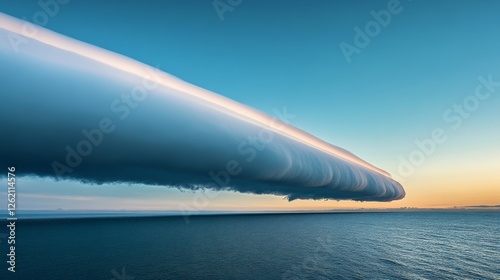 A rare roll cloud stretching above a calm ocean, its cylindrical shape striking against the water, photo