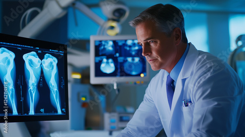 Orthopedic Surgeon Analyzing Knee X-ray Images An orthopedic surgeon in a medical office reviewing knee joint x-ray films, MRI scans, and CT images. The doctor is looking at the di