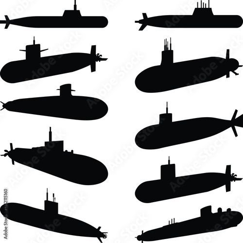 Set Submarine Silhouettes, Submarine Icons Set, Atom Submarine, Submarines Navy illustration