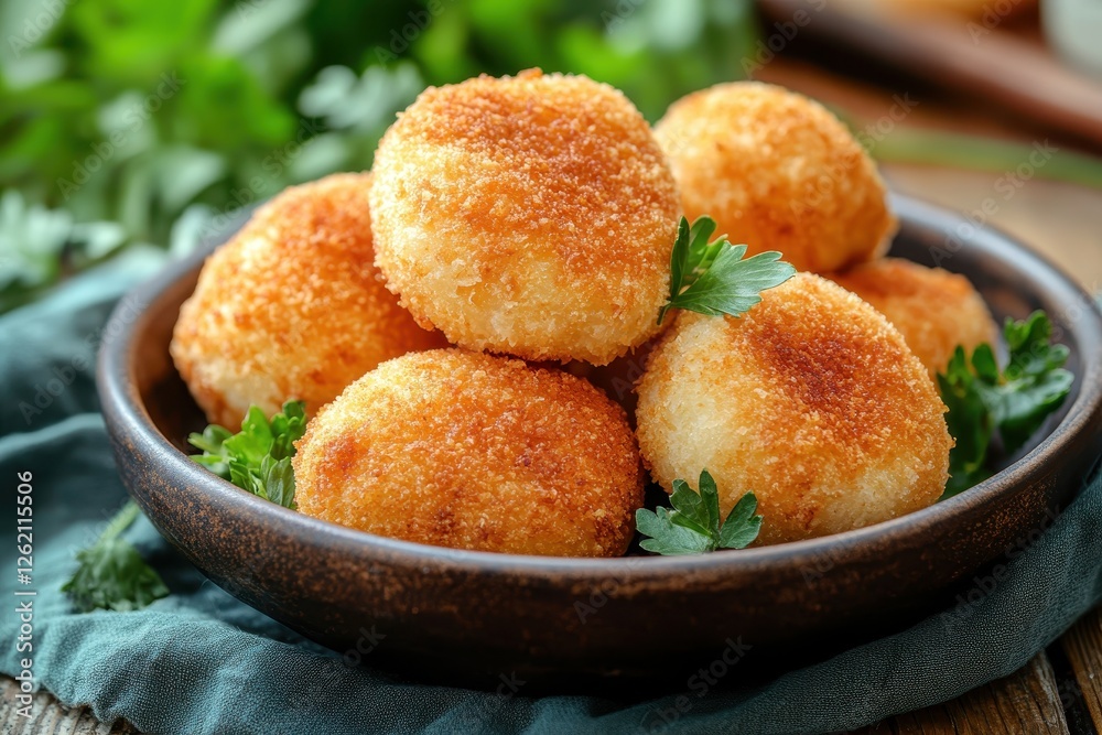 Golden Potato Croquettes with Fresh Parsley on Rustic Plate Golden Potato Croquettes with Fresh Parsley on Rustic Plate