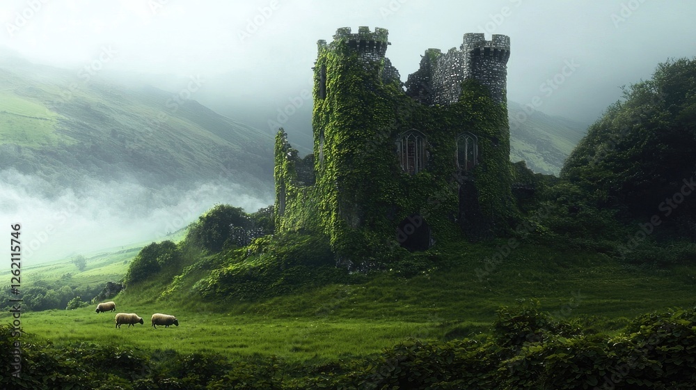 Obraz premium An ancient, ivy-covered castle ruin standing in the misty hills, with grazing sheep in the foreground. A scene of history and mystery. Generative AI.