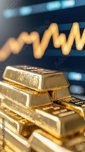 dramatic close up of shining gold bars with rising graph background