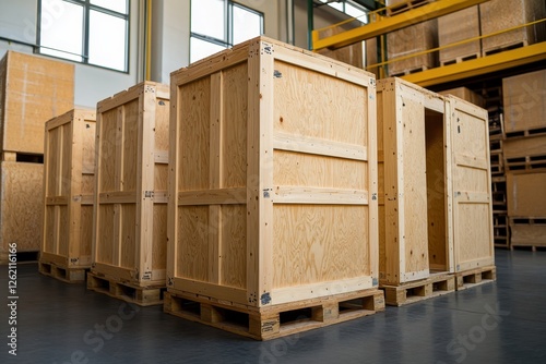 Wooden crates ready for shipping in a warehouse photo