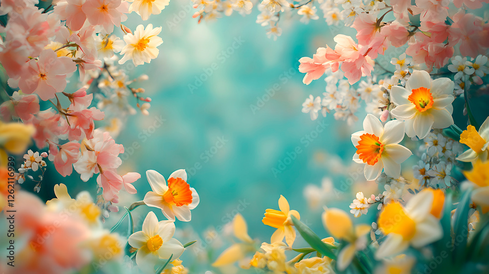 Cherry blossoms and daffodils in full bloom, creating a dreamy spring scene with soft pastel tones, delicate petals, and a blurred turquoise background Cherry blossoms and daffodils in full bloom, creating a dreamy spring scene with soft pastel tones, delicate petals, and a blurred turquoise background