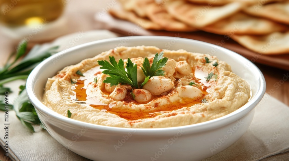 Abergavenny Food Festival Creamy hummus with olive oil and parsley in a white bowl. National Chickpea Day Abergavenny Food Festival Creamy hummus with olive oil and parsley in a white bowl. National Chickpea Day