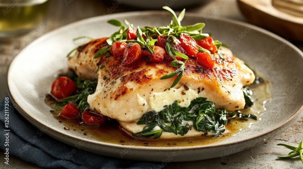 Delicious herb chicken with roasted cherry tomatoes and sauteed spinach Delicious herb chicken with roasted cherry tomatoes and sauteed spinach