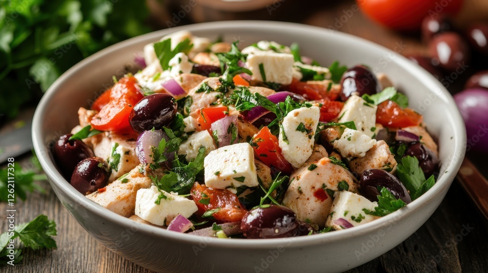 Fresh mediterranean salad with feta cheese, olives, and vegetables for a healthy meal Fresh mediterranean salad with feta cheese, olives, and vegetables for a healthy meal