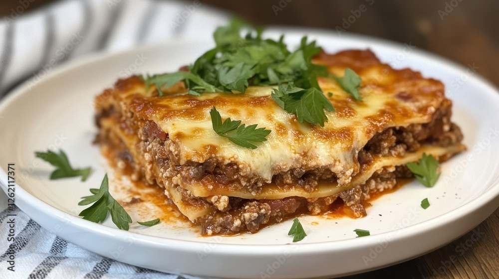 Delicious homemade lasagna with fresh parsley garnish on white plate Delicious homemade lasagna with fresh parsley garnish on white plate