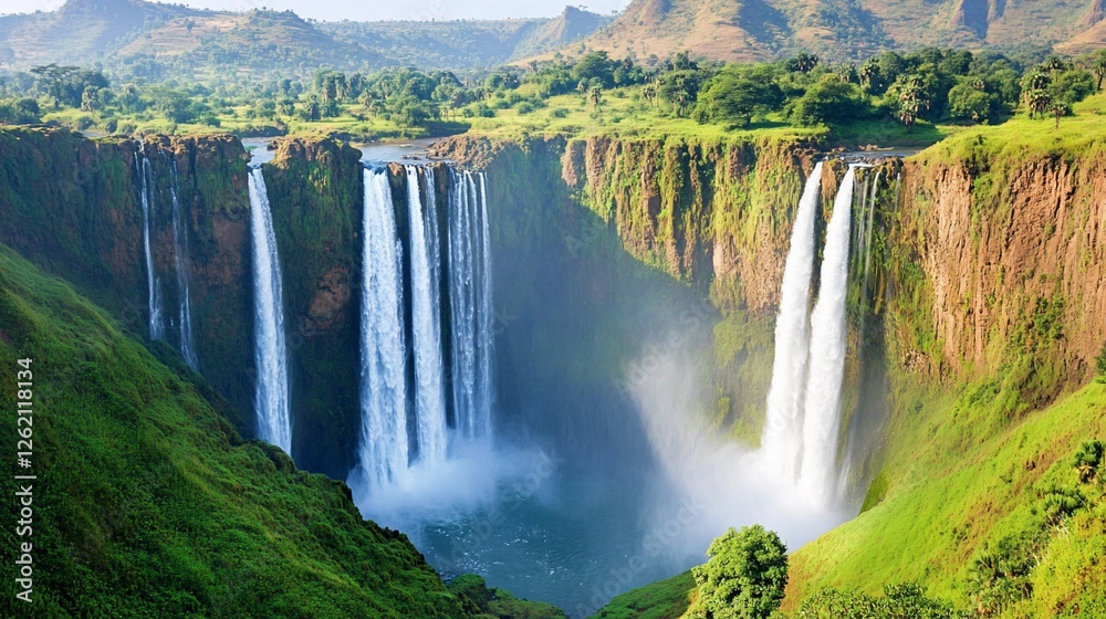 Fototapeta premium Lush valley's cascading waterfalls, scenic vista