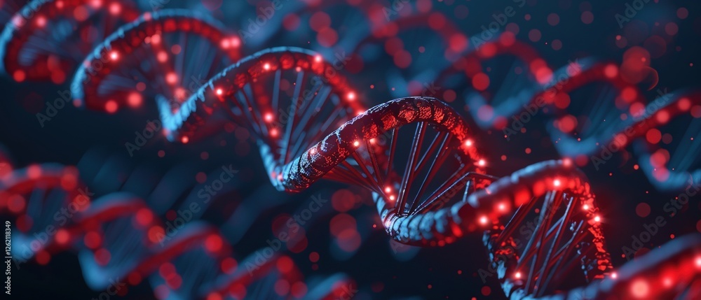 A vibrant, 3D representation of a DNA double helix, showcasing intricate patterns and glowing elements in shades of blue and red. A vibrant, 3D representation of a DNA double helix, showcasing intricate patterns and glowing elements in shades of blue and red.