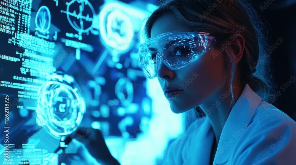 Scientist Analyzing Data on High-Tech Screen in Modern Laboratory Setting with Futuristic Technology and Digital Interface Scientist Analyzing Data on High-Tech Screen in Modern Laboratory Setting with Futuristic Technology and Digital Interface